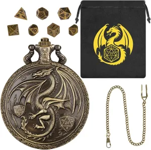 Mini DND Dice Set, with Steampunk Winged Dragon Pocket Watch Shell Case, 7-Piece Polyhedral Metal D&D Dice, DND Gift Bag with Dragon Logo, MTG, Role Play Board Game Accessories, Bronze