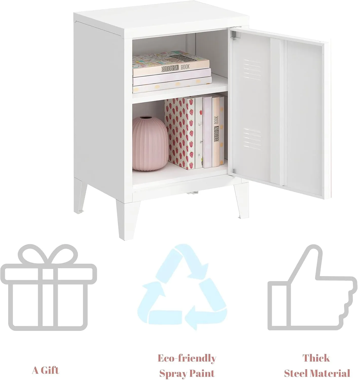 MIOCASA Nightstand Modern End Side Table Steel Bedside Storage Cabinet with Shelf Easy Assembly for Living Room Bedroom (White)