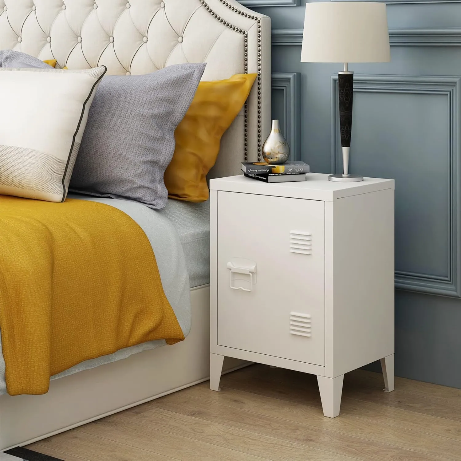 MIOCASA Nightstand Modern End Side Table Steel Bedside Storage Cabinet with Shelf Easy Assembly for Living Room Bedroom (White)