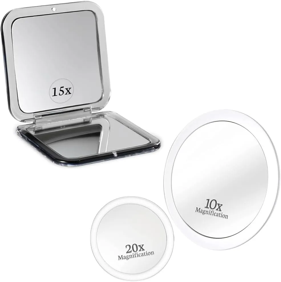 MIRRORVANA 20X & 10X Magnifying Makeup Mirror Set with 3 Suction Cups Each - Compact & Travel Ready & Small Compact 15X Magnifying Mirror for Travel - Handheld, Foldable & Lightweight Bundle