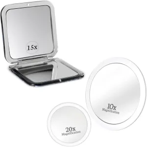 MIRRORVANA 20X & 10X Magnifying Makeup Mirror Set with 3 Suction Cups Each - Compact & Travel Ready & Small Compact 15X Magnifying Mirror for Travel - Handheld, Foldable & Lightweight Bundle