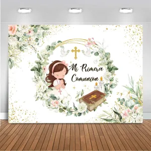 Mocsicka 7x5ft Mi Primera Comunion Backdrop Banner Greenery Baptism Party Decorations for Girls First Communion God Bless Photography Background Banner Photo Booth Props