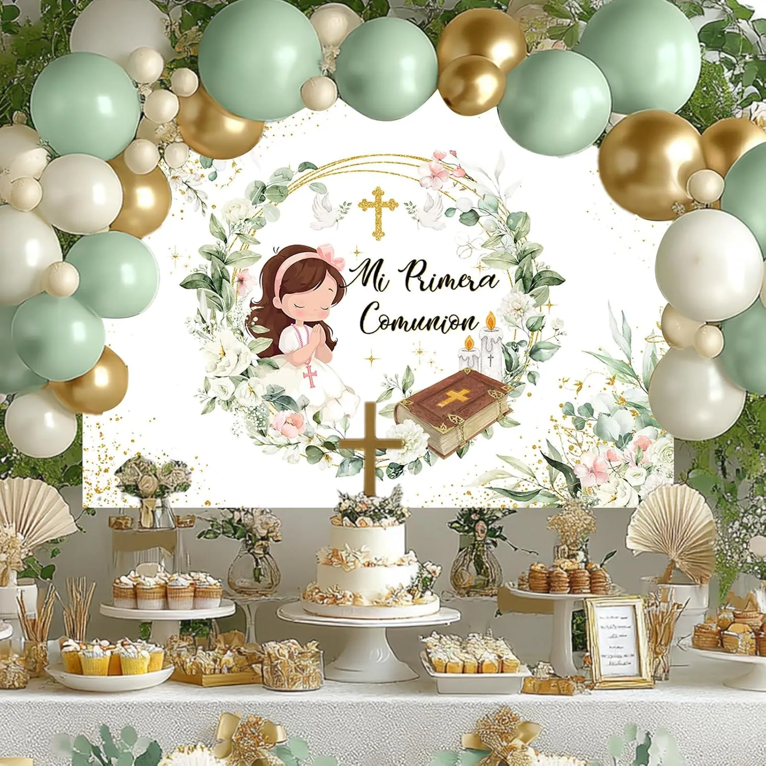 Mocsicka 7x5ft Mi Primera Comunion Backdrop Banner Greenery Baptism Party Decorations for Girls First Communion God Bless Photography Background Banner Photo Booth Props