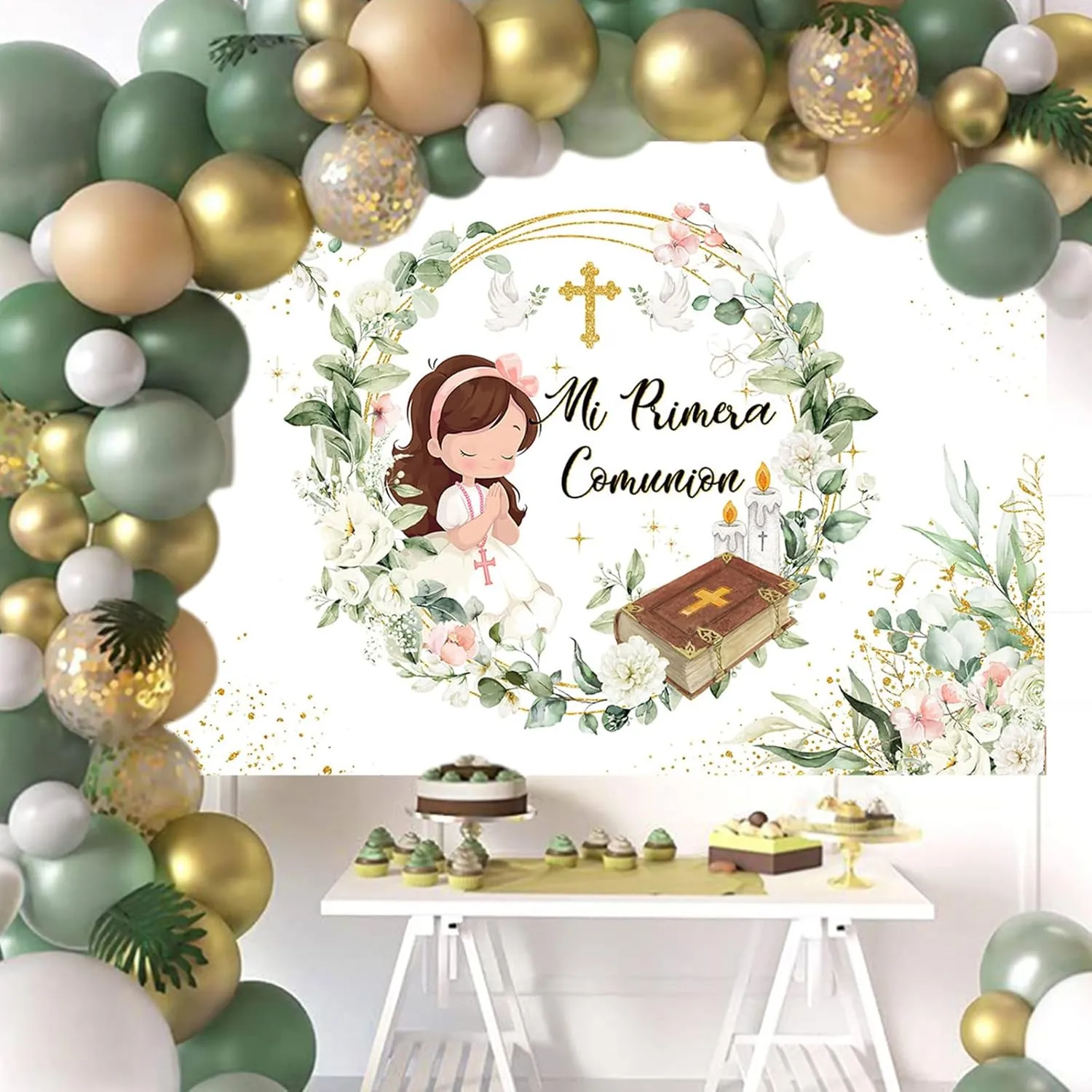 Mocsicka 7x5ft Mi Primera Comunion Backdrop Banner Greenery Baptism Party Decorations for Girls First Communion God Bless Photography Background Banner Photo Booth Props