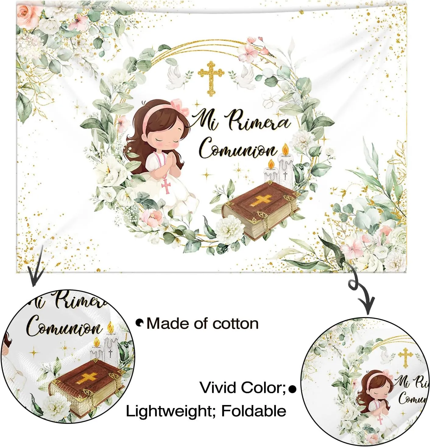 Mocsicka 7x5ft Mi Primera Comunion Backdrop Banner Greenery Baptism Party Decorations for Girls First Communion God Bless Photography Background Banner Photo Booth Props