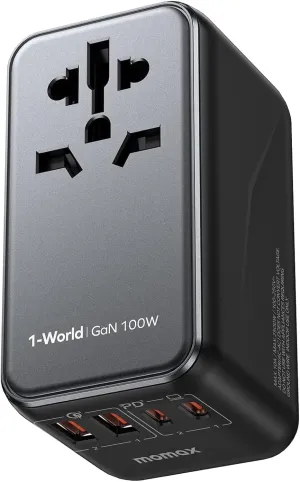 MOMAX Universal Travel Adapter, 100W Fast GaN International Power Adapter, 2PD USB-C 2QC USB-A Travel Adapter, US, UK, EU, AU Travel Adapter Worldwide for Laptops, Tablets, Phones, Vision Pro