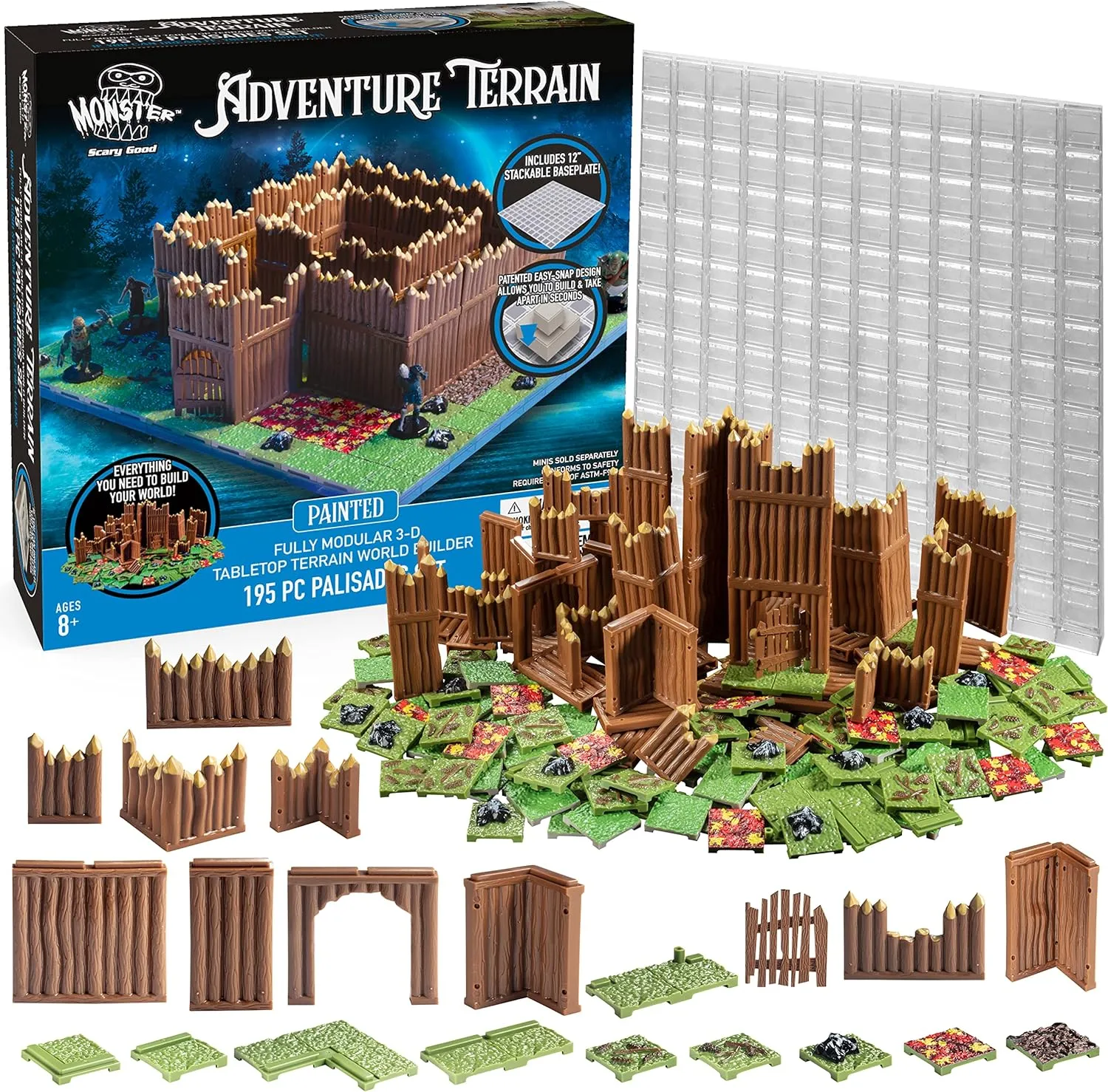 Monster Adventure Terrain 195Pc Painted Palisade Base Set- Fully Modular, Stackable 3D Tabletop World Builder - Perfect for DND Dungeons Dragons, Pathfinder, & All RPG Games, Gift