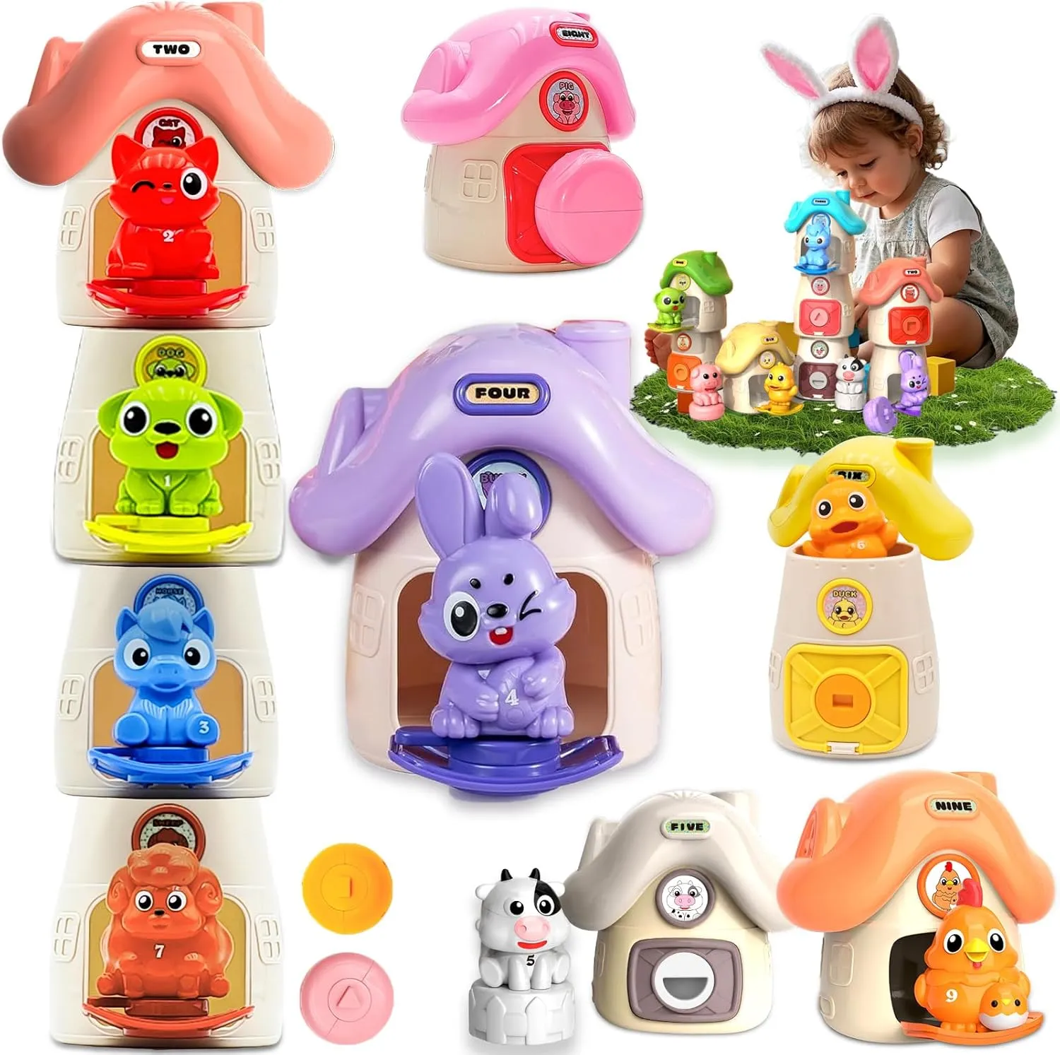 Montessori Learning Toys for Toddlers 1 2 3 Years Old, Farm Animals and Stacking Barn Set for Baby Boy Girl Birthday, Number Matching, Shape Sorting and Fine Motor Skills Games