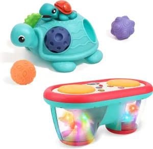 Montessori Sensory & Musical Baby Bundle: Textured Turtle Balls & Drum Musical Learning Infant Toys