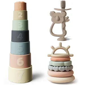Moonkie Baby Toy Bundle | Stacking Cups & Rings   Koala Silicone Teether | 3-in-1 Educational & Teething Set for Babies 6-12 Months | Soft BPA-Free Silicone Toys for Learning, Teething & Play