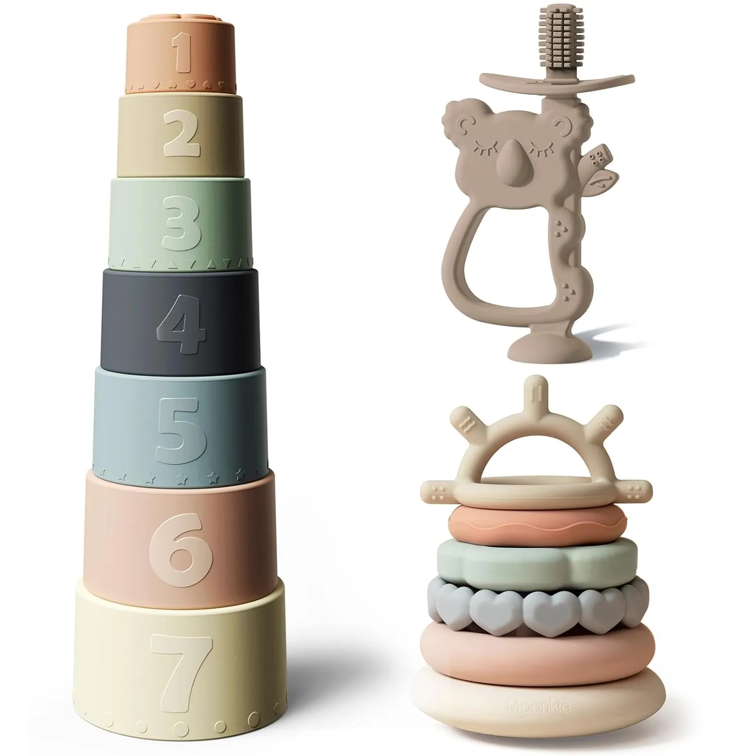 Moonkie Baby Toy Bundle | Stacking Cups & Rings   Koala Silicone Teether | 3-in-1 Educational & Teething Set for Babies 6-12 Months | Soft BPA-Free Silicone Toys for Learning, Teething & Play