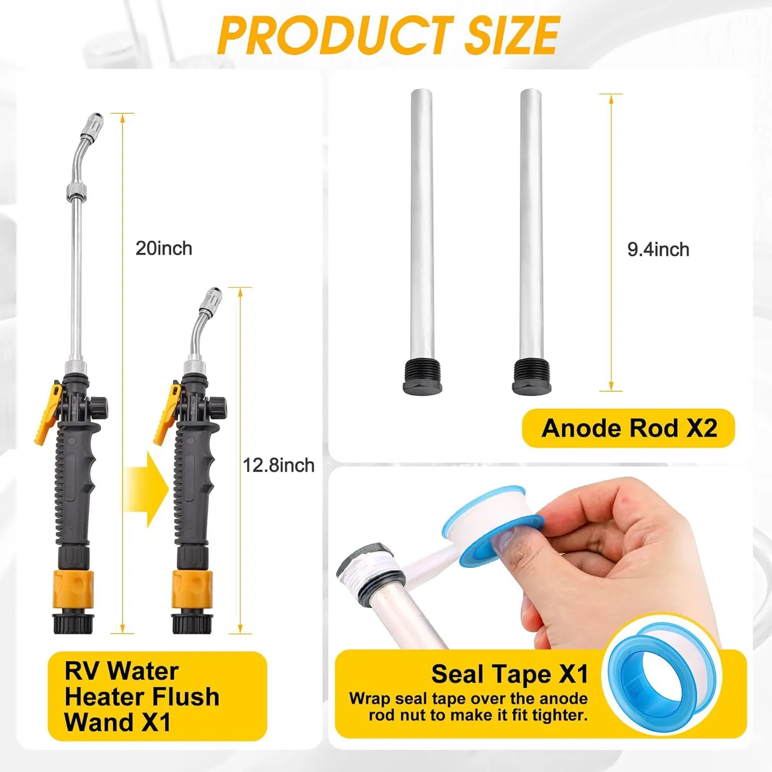 Mornajina RV Water Heater Anode Rod & Flush Wand Kit, 9.25"L x 3/4" NPT Thread Magnesium Rod and Metal Tube Water Tank Flusher