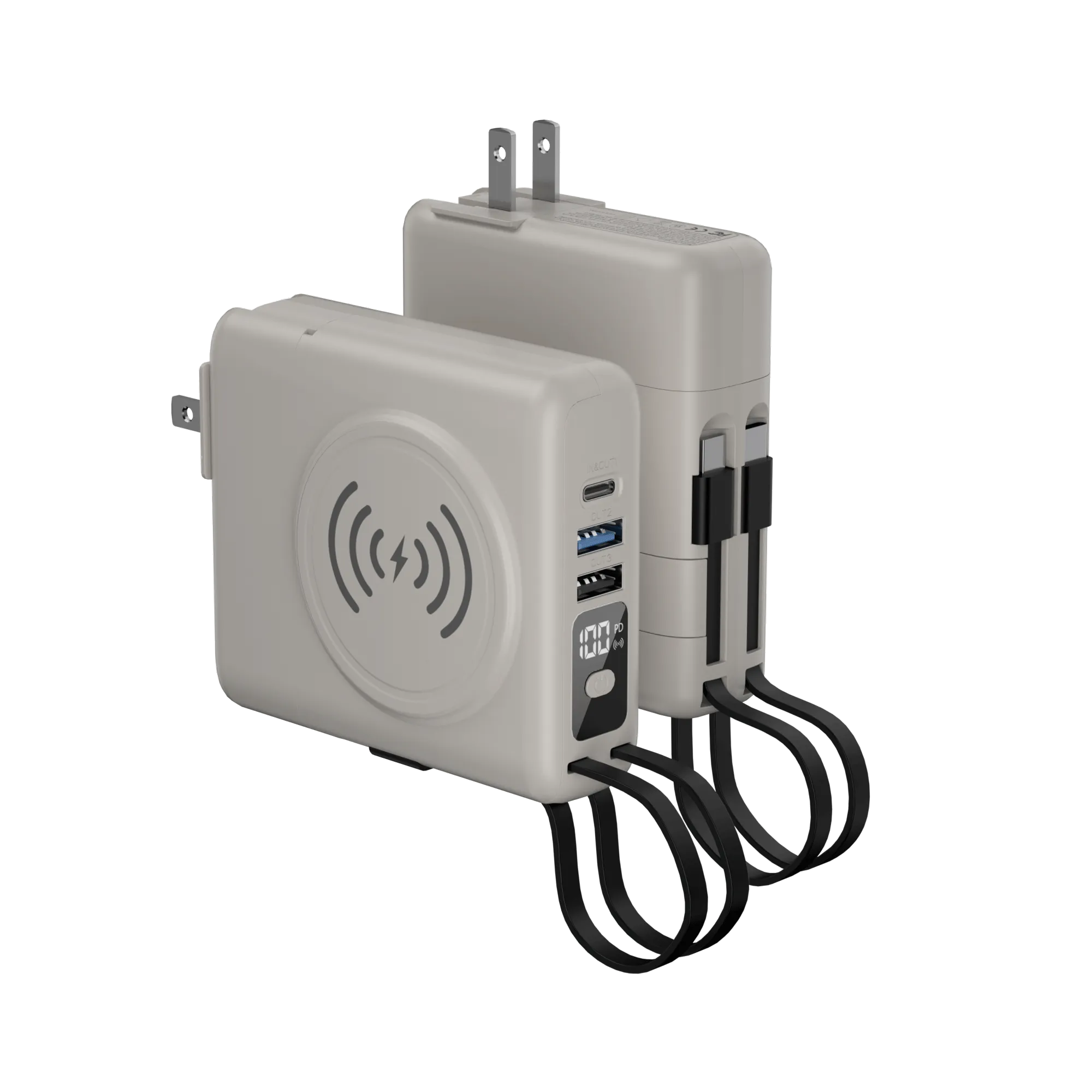 Multifunctional power bank have 2 cables with removable 20W PD wall charger UA/UK/EU/US plug for iPhone 15 iWatch