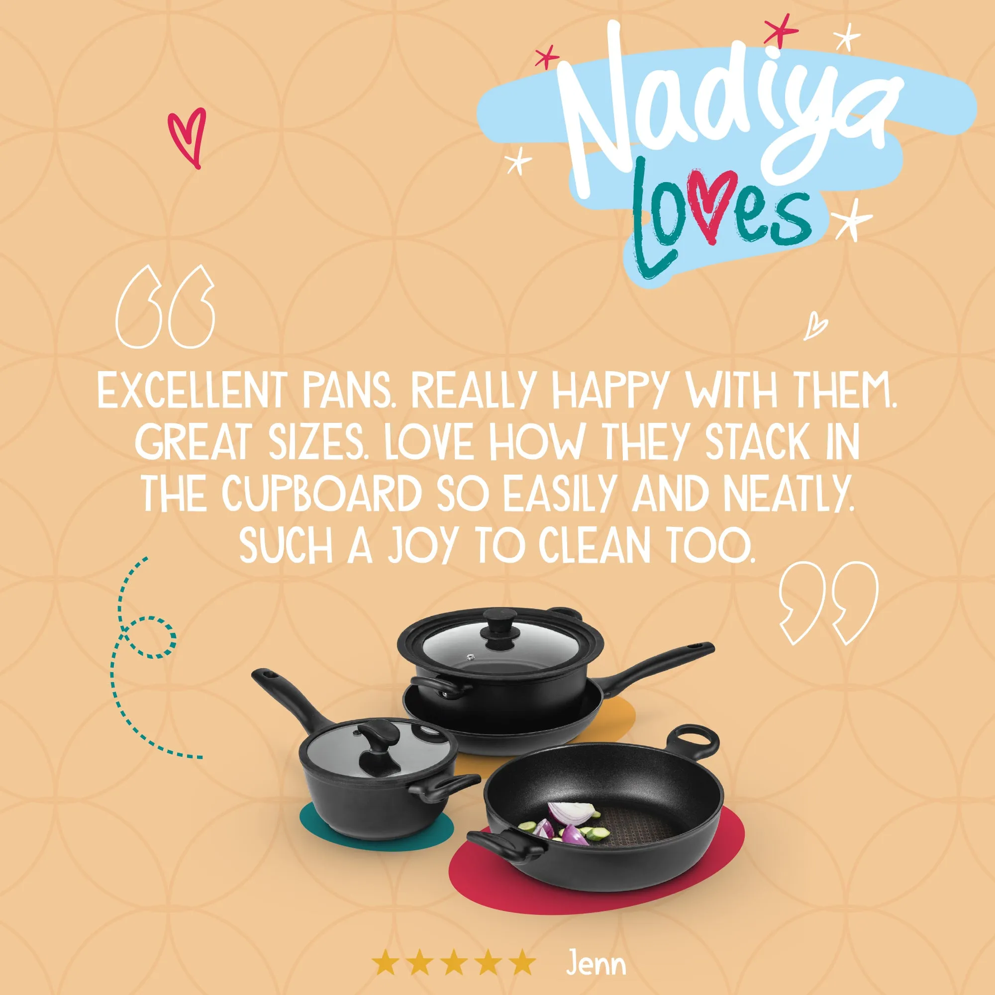 Nadiya Hussain: Stackable Non-Stick Frying Pan, Stockpot, Saucepan & Multi-Lid - 4 Piece Set