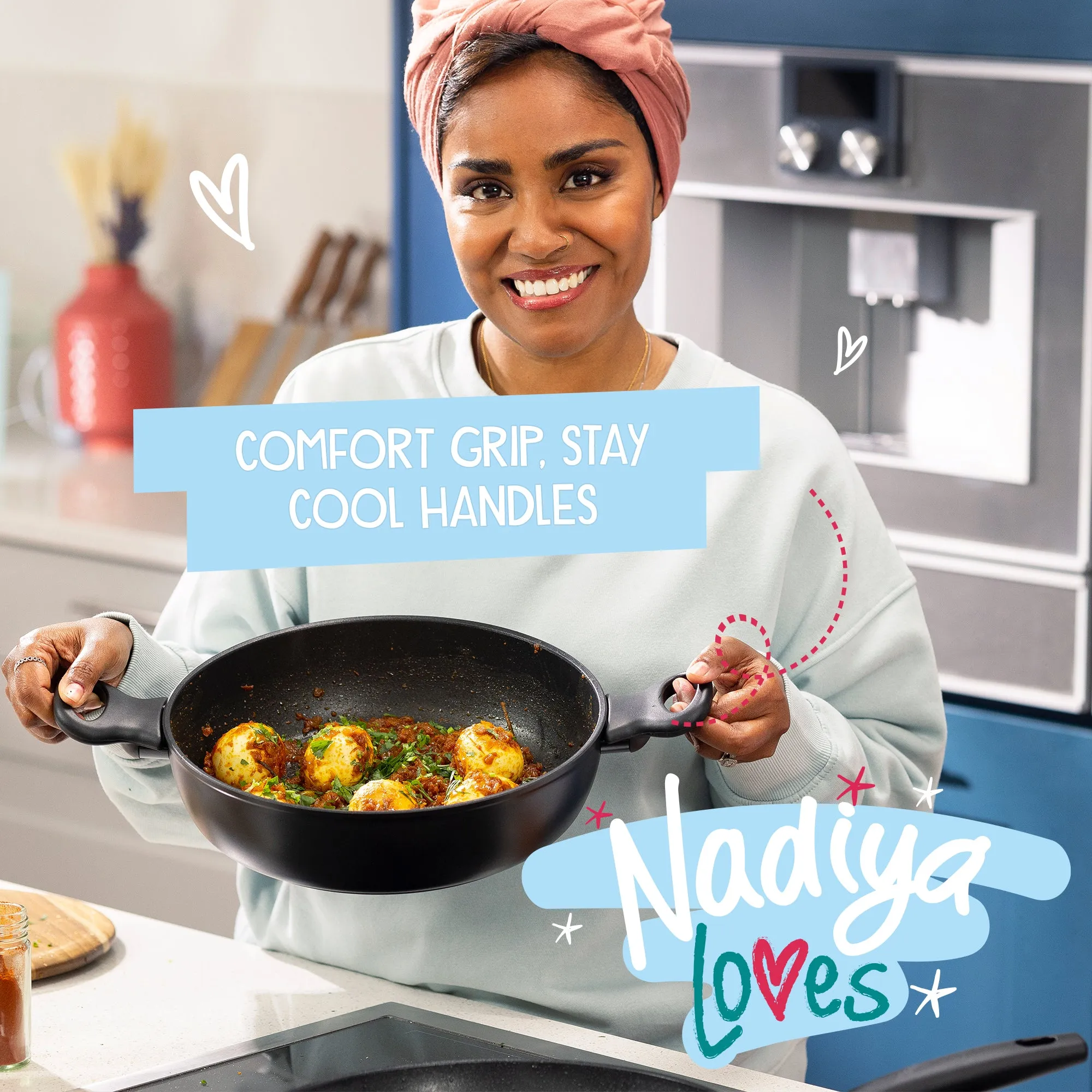 Nadiya Hussain: Stackable Non-Stick Frying Pan, Stockpot, Saucepan & Multi-Lid - 4 Piece Set