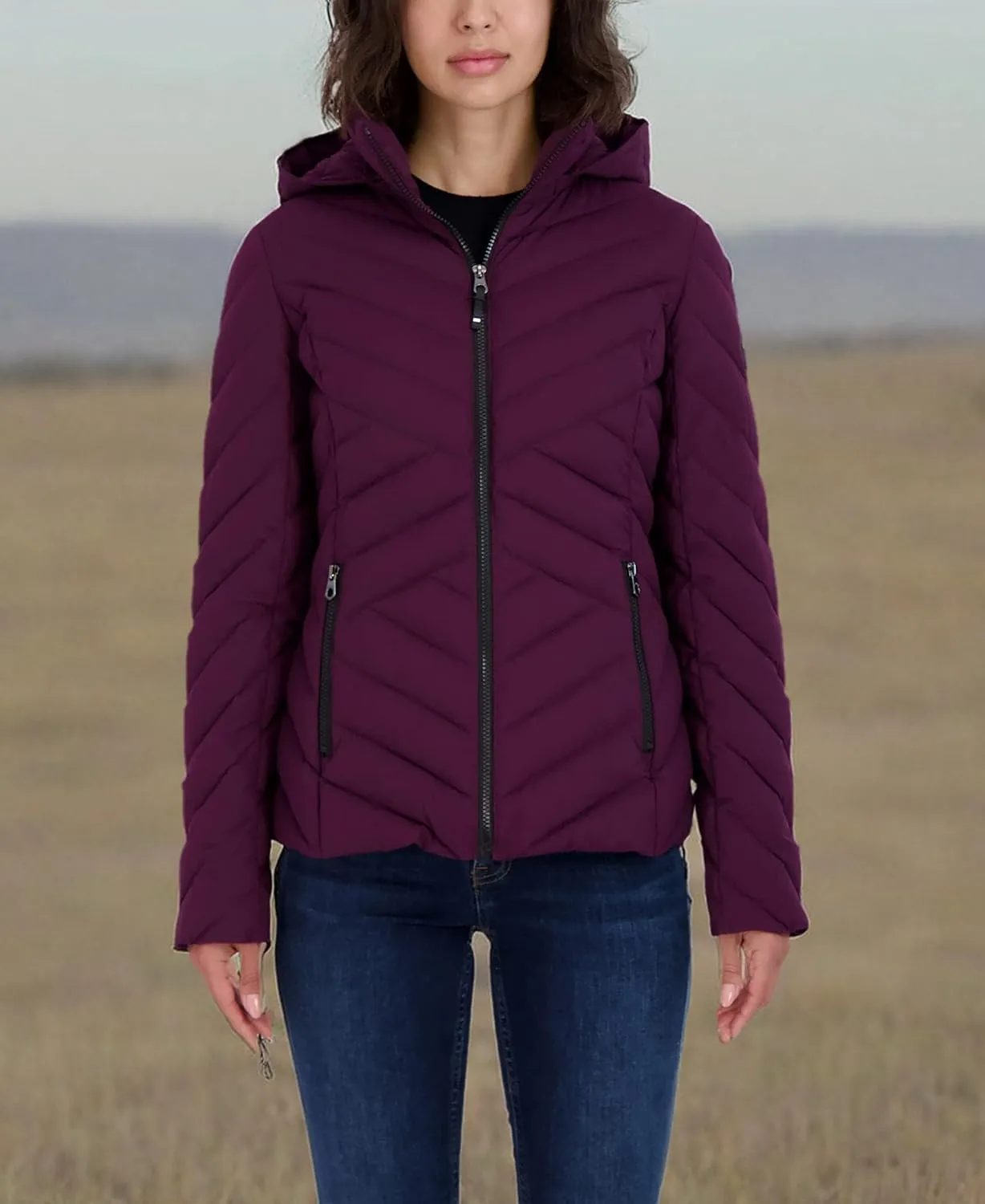 Nautica Women's Short Stretch Lightweight Puffer Jacket with Removeable Hood