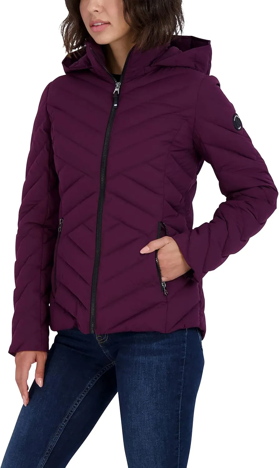 Nautica Women's Short Stretch Lightweight Puffer Jacket with Removeable Hood