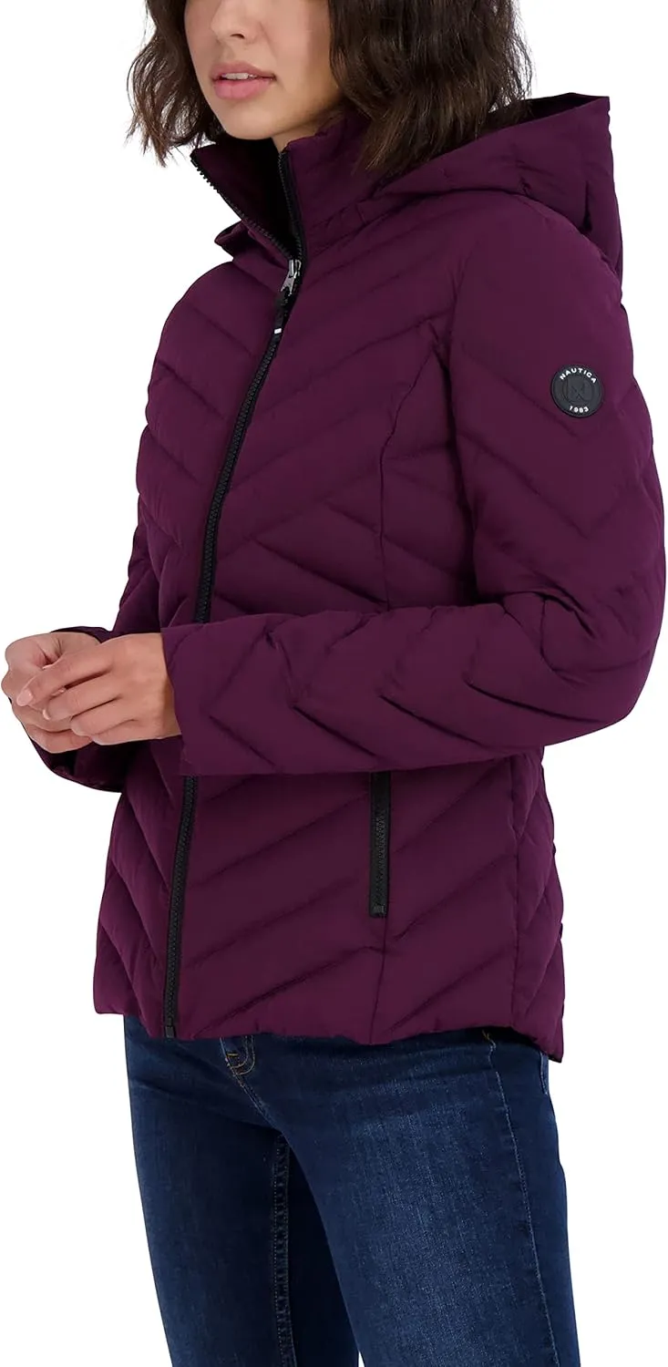 Nautica Women's Short Stretch Lightweight Puffer Jacket with Removeable Hood