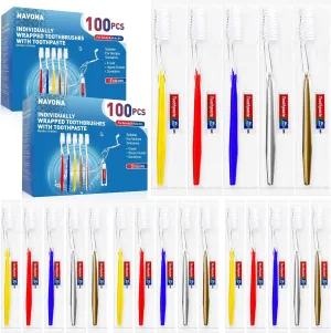 Navona 200 PCS Disposable Toothbrush with Toothpaste Bulk, Travel Toothpaste, Bulk Toothpastes, Individually Wrapped Bulk Toothbrush, Ergonomics Handle,Medium Soft Bristle, Perfect for Travel, Hotel