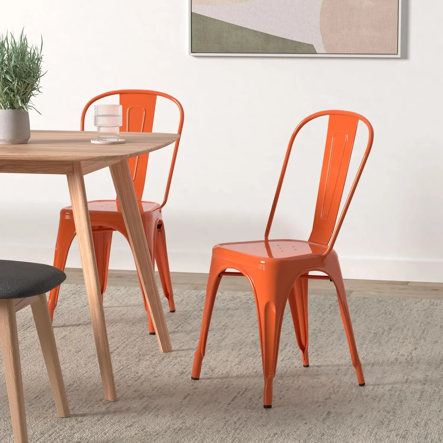 Nazhura Metal Dining Chair Farmhouse Tolix Style for Kitchen Dining Room Café Restaurant Bistro Patio, 18 Inch, Stackable, Waterproof Indoor/Outdoor (Sets of 4) (Orange, Steel Seat)