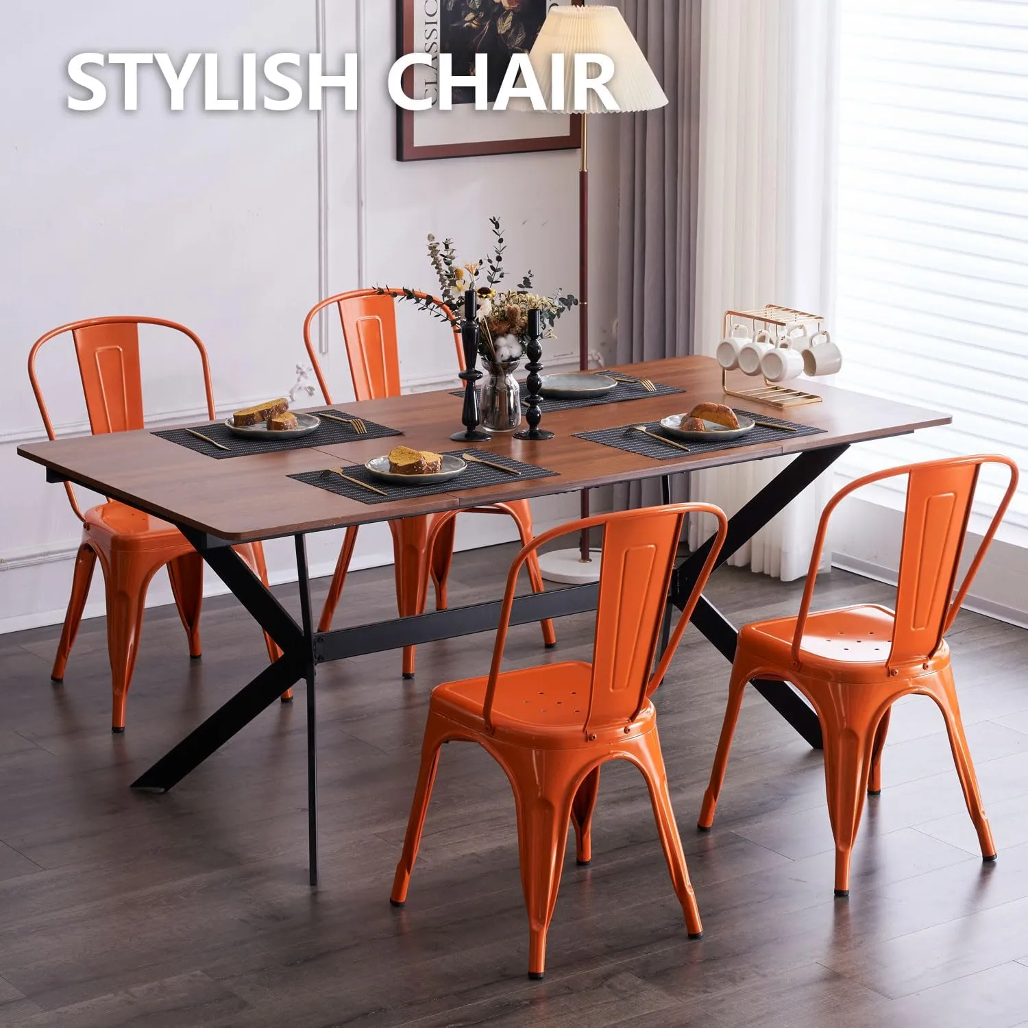 Nazhura Metal Dining Chair Farmhouse Tolix Style for Kitchen Dining Room Café Restaurant Bistro Patio, 18 Inch, Stackable, Waterproof Indoor/Outdoor (Sets of 4) (Orange, Steel Seat)