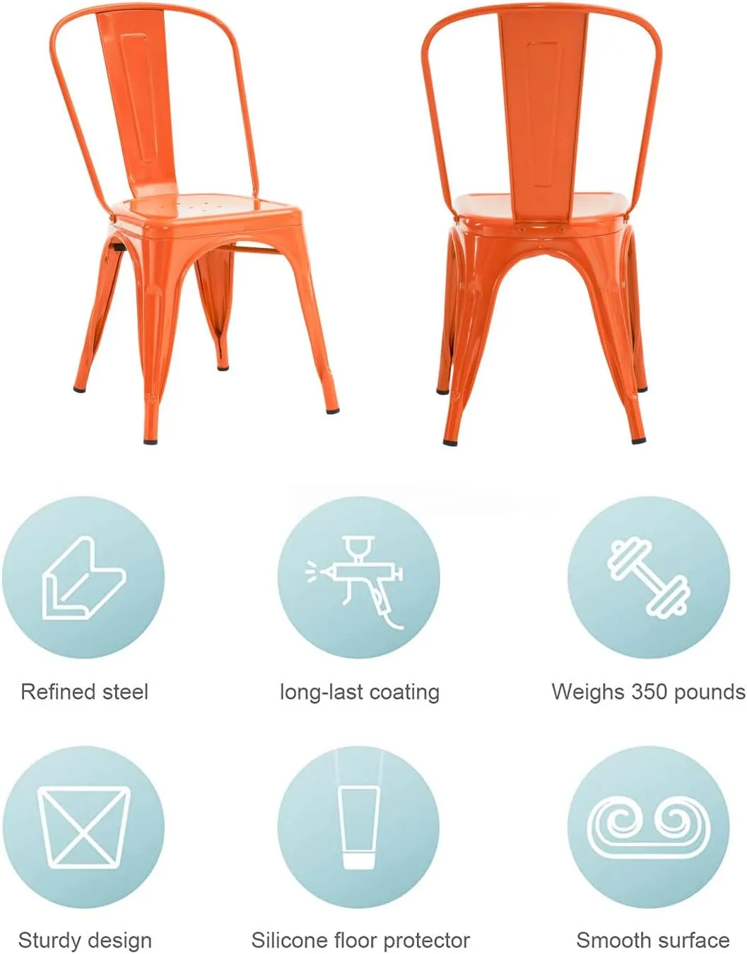 Nazhura Metal Dining Chair Farmhouse Tolix Style for Kitchen Dining Room Café Restaurant Bistro Patio, 18 Inch, Stackable, Waterproof Indoor/Outdoor (Sets of 4) (Orange, Steel Seat)