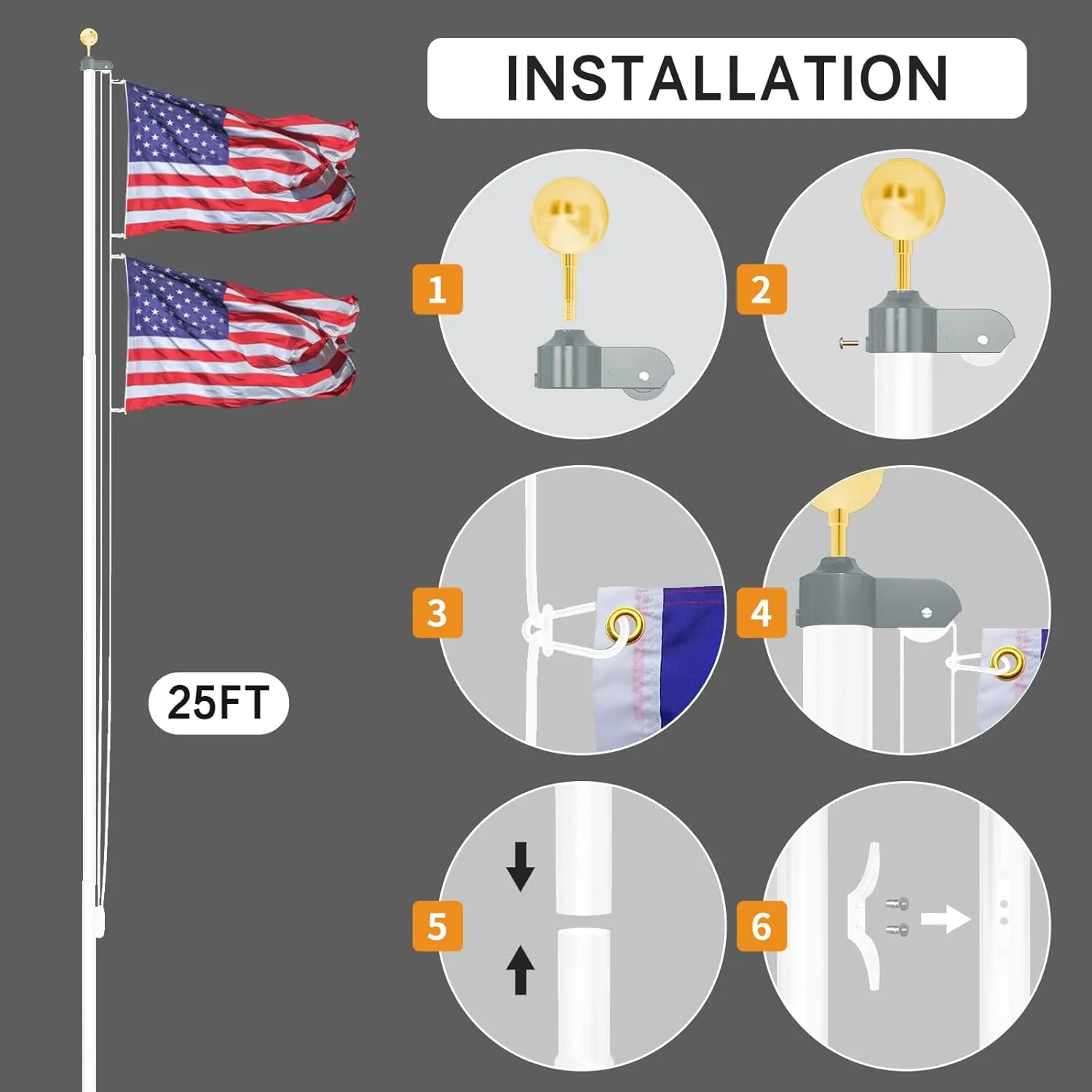 NELXINJO Heavy Duty 25FT Flag Pole -12 Gauge Extra Thick Aluminum Flagpole kit for Outside House,100MPH Wind Tested