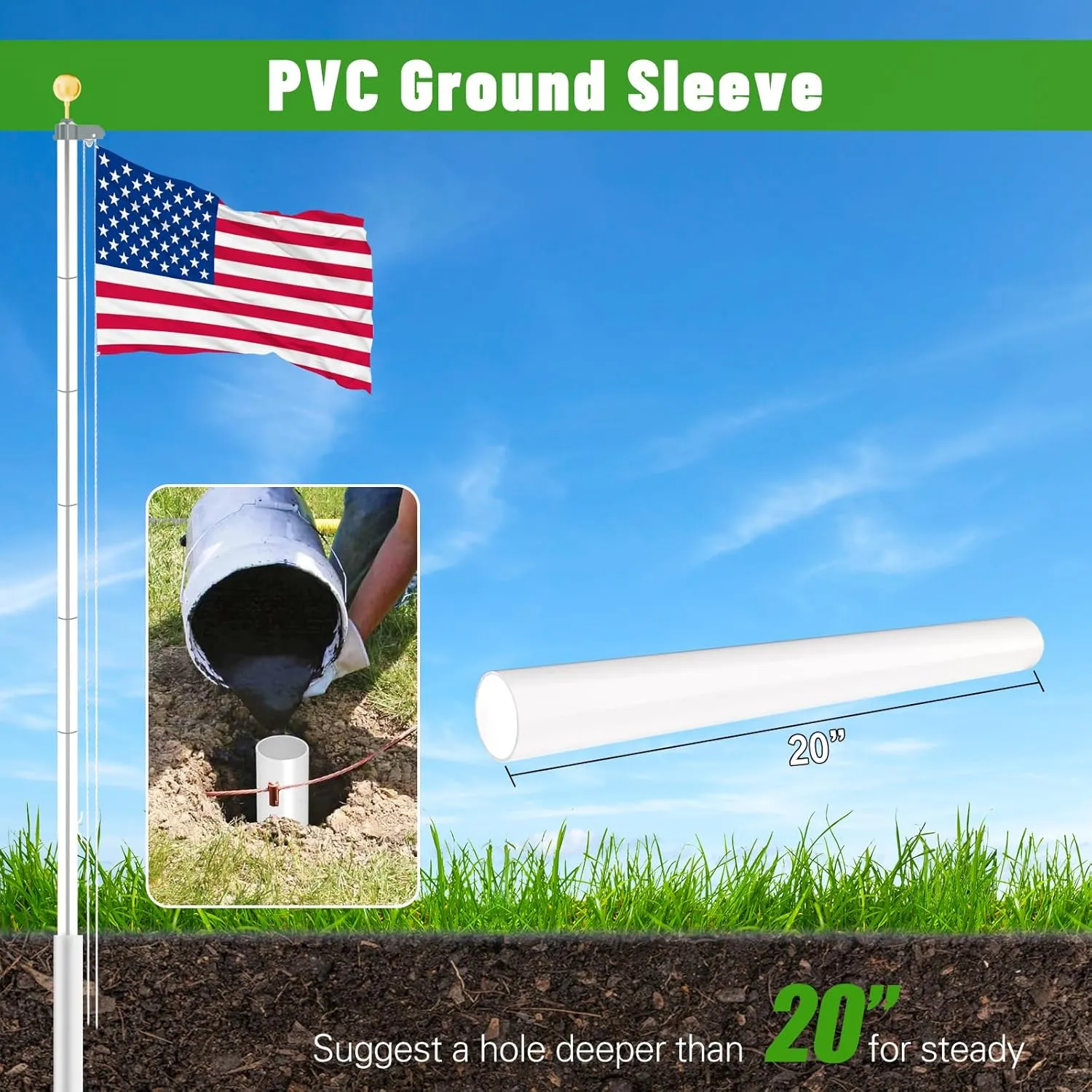 NELXINJO Heavy Duty 25FT Flag Pole -12 Gauge Extra Thick Aluminum Flagpole kit for Outside House,100MPH Wind Tested