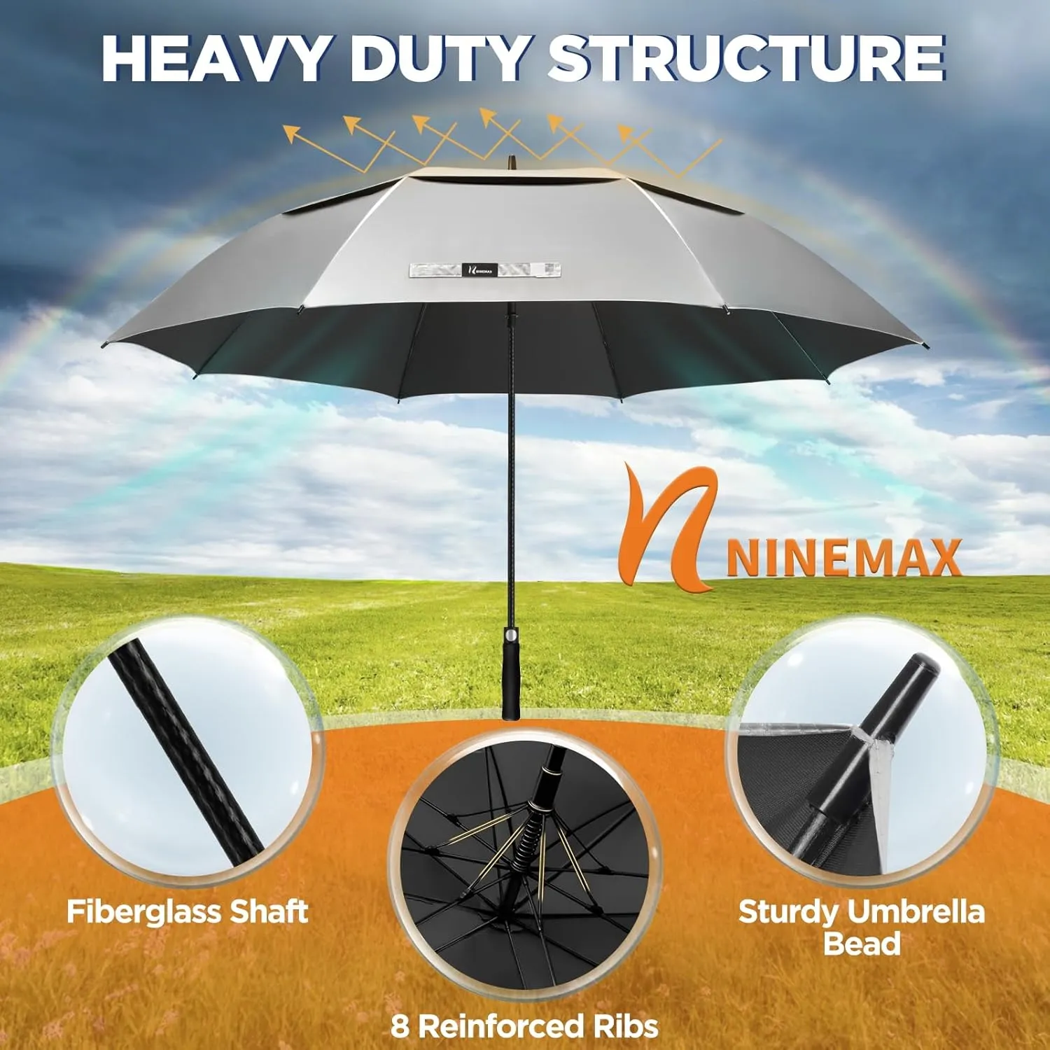NINEMAX 51/54/62/68 Inch Golf Umbrella UV Potection, Auto Open Large UV Umbrellas Sun Blocking Double Canopy Vented Windproof for Sun Rain