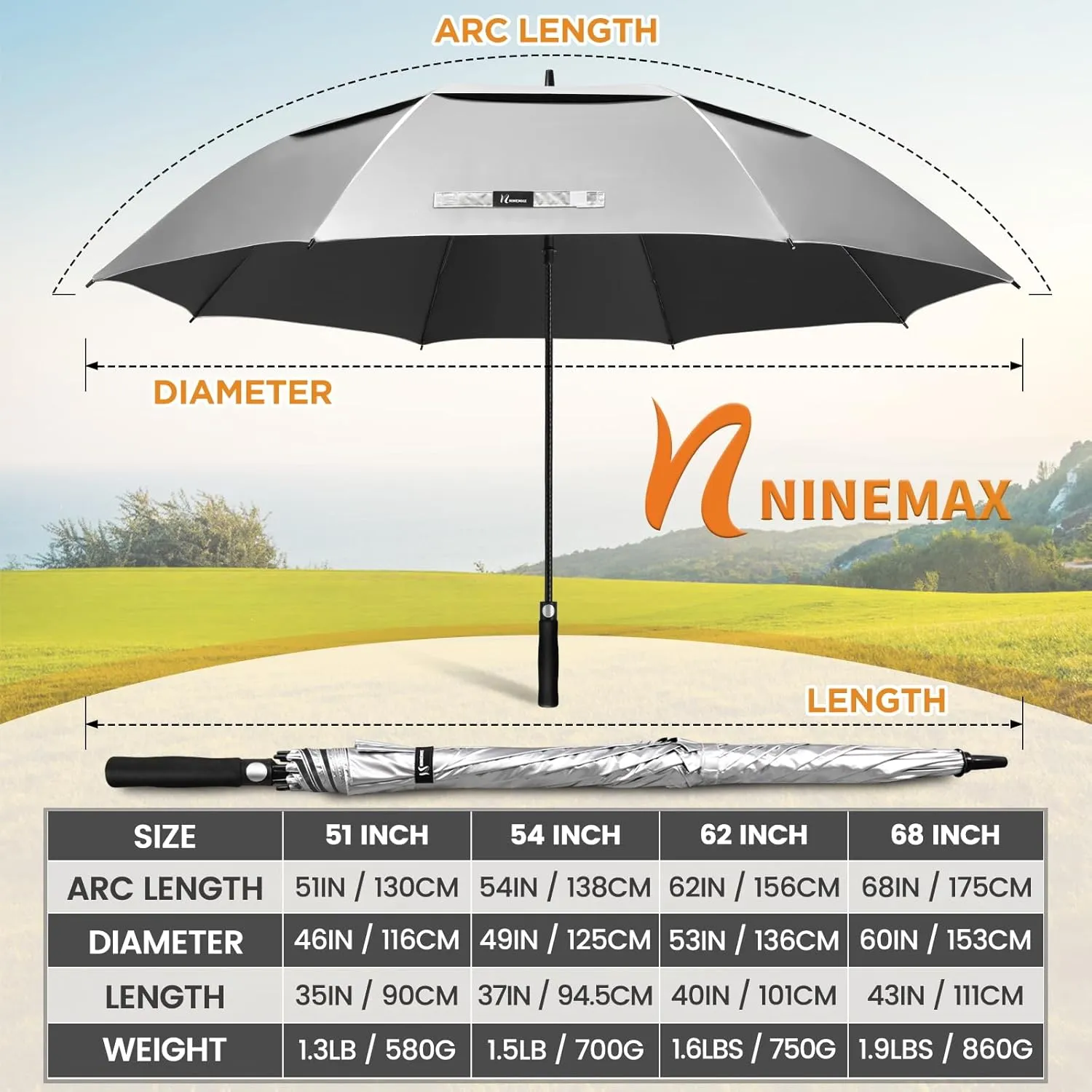 NINEMAX 51/54/62/68 Inch Golf Umbrella UV Potection, Auto Open Large UV Umbrellas Sun Blocking Double Canopy Vented Windproof for Sun Rain