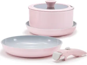 Non Stick Pot and Pan Set with Removable Handle, Ceramic Cookware Set Detachable Handle, 5pcs Induction Kitchen Camping Stackable Pots Pans, Dishwasher/Oven Safe, Pink, PTFE/PFOA/PFAS Free