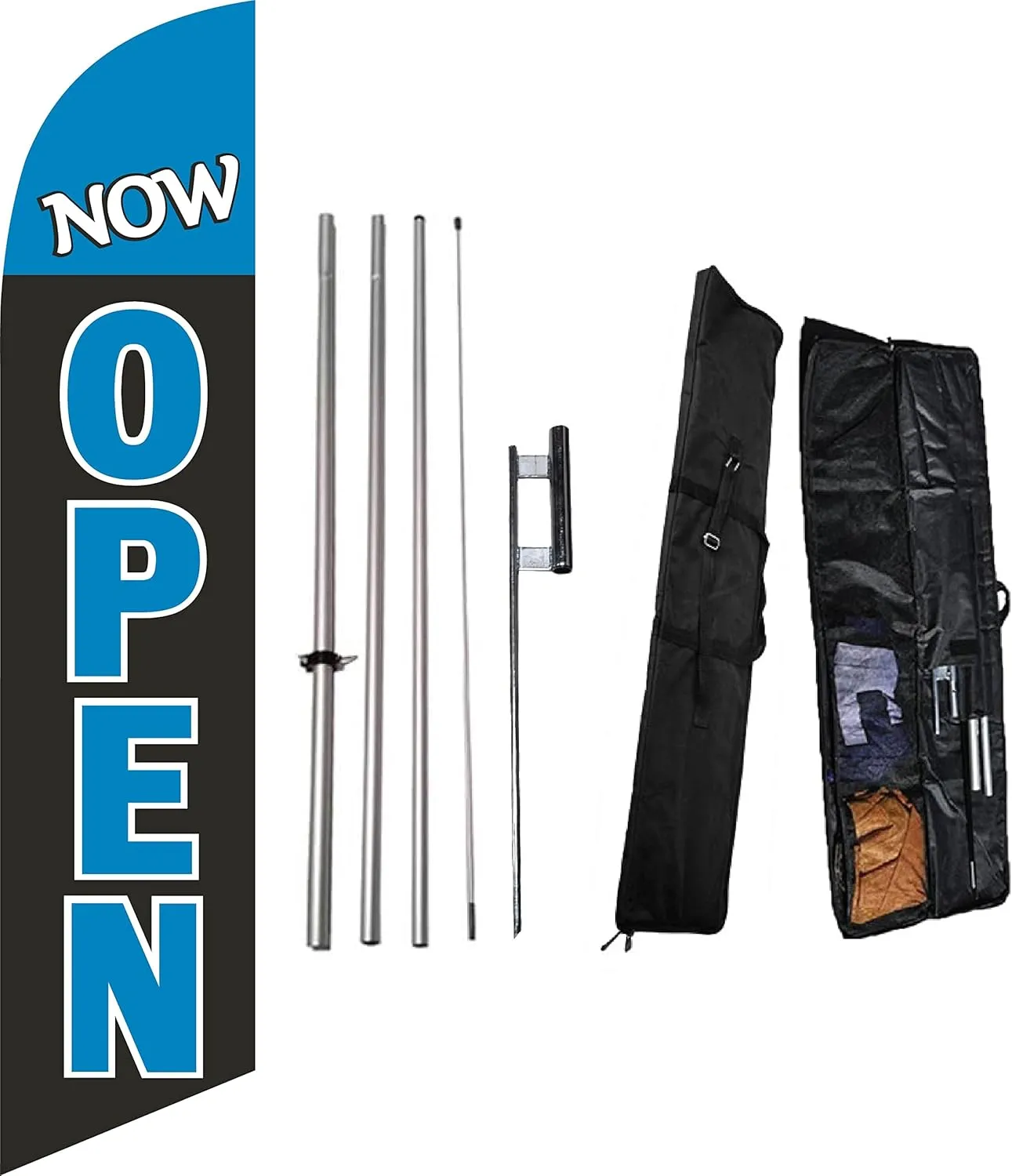 Now Open Feather Flag Eye Catching Banner Sign for Business Advertisement Complete Set with Fiberglass Pole Kit Ground Spike and Travel bag (Blue Black)