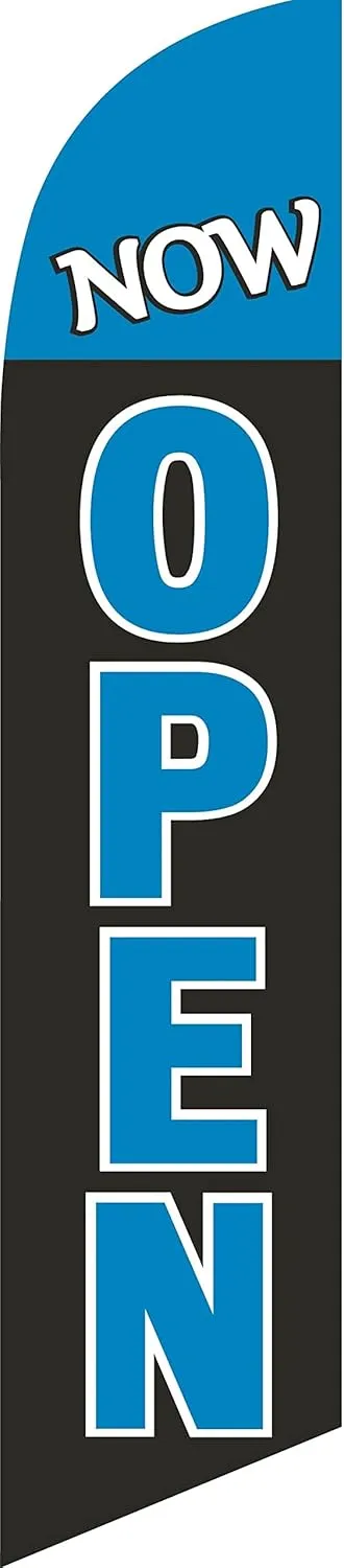 Now Open Feather Flag Eye Catching Banner Sign for Business Advertisement Complete Set with Fiberglass Pole Kit Ground Spike and Travel bag (Blue Black)