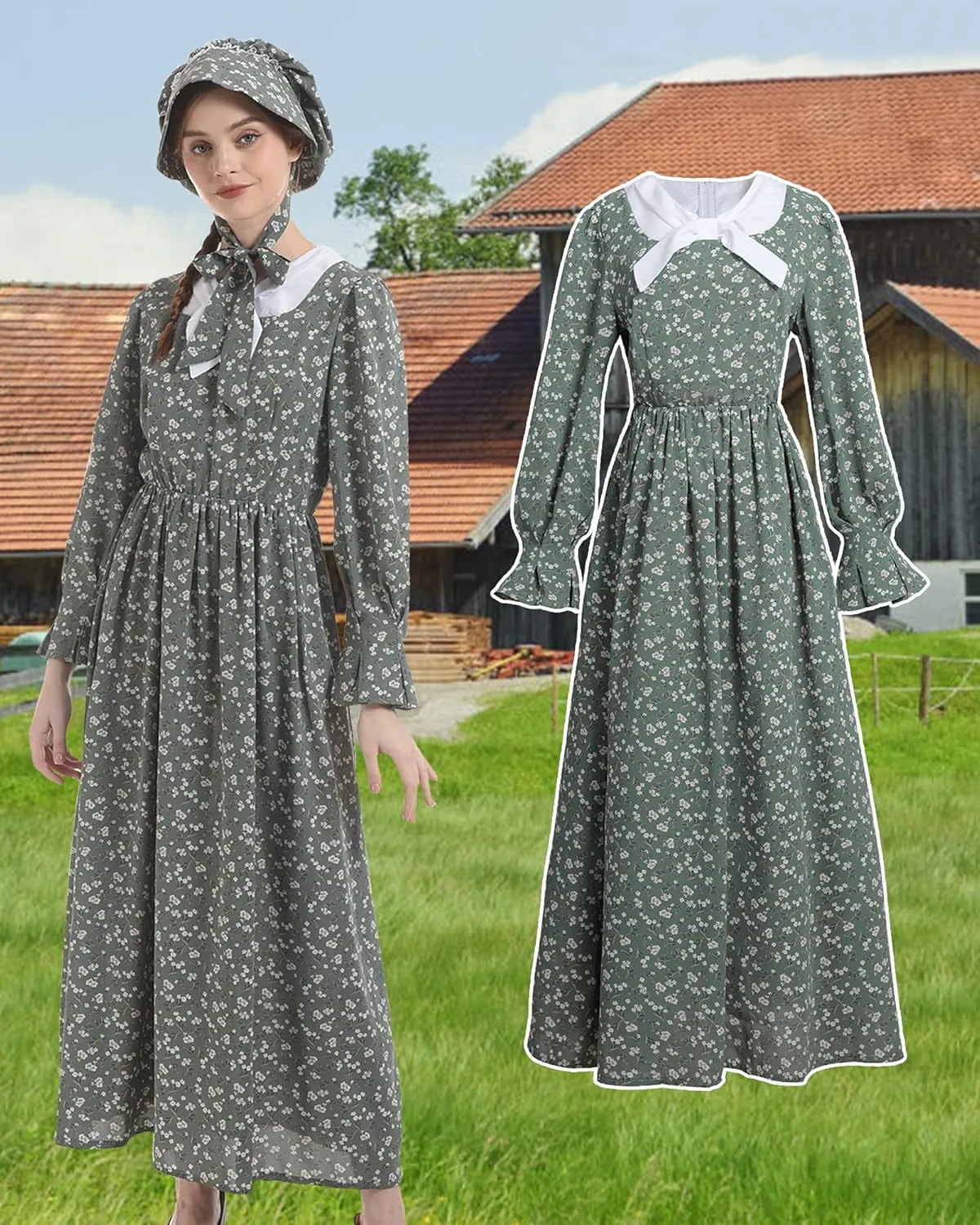 NSPSTT Prairie Dress Women Pioneer Dress Colonial Costume Women Amish Old Fashioned Floral Dresses