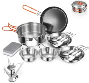 Odoland 10pcs Stainless Steel Camping Cookware Camping Pot and Pan Set with Portable Camping Stove Camping Mess Kit with Plates Bowls Forks Knives Spoons for Hiking Backpacking and Picnic