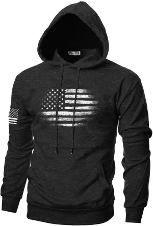 Ohoo Men's Slim Fit American Flag Hoodie Lightweight with Kangaroo Pocket