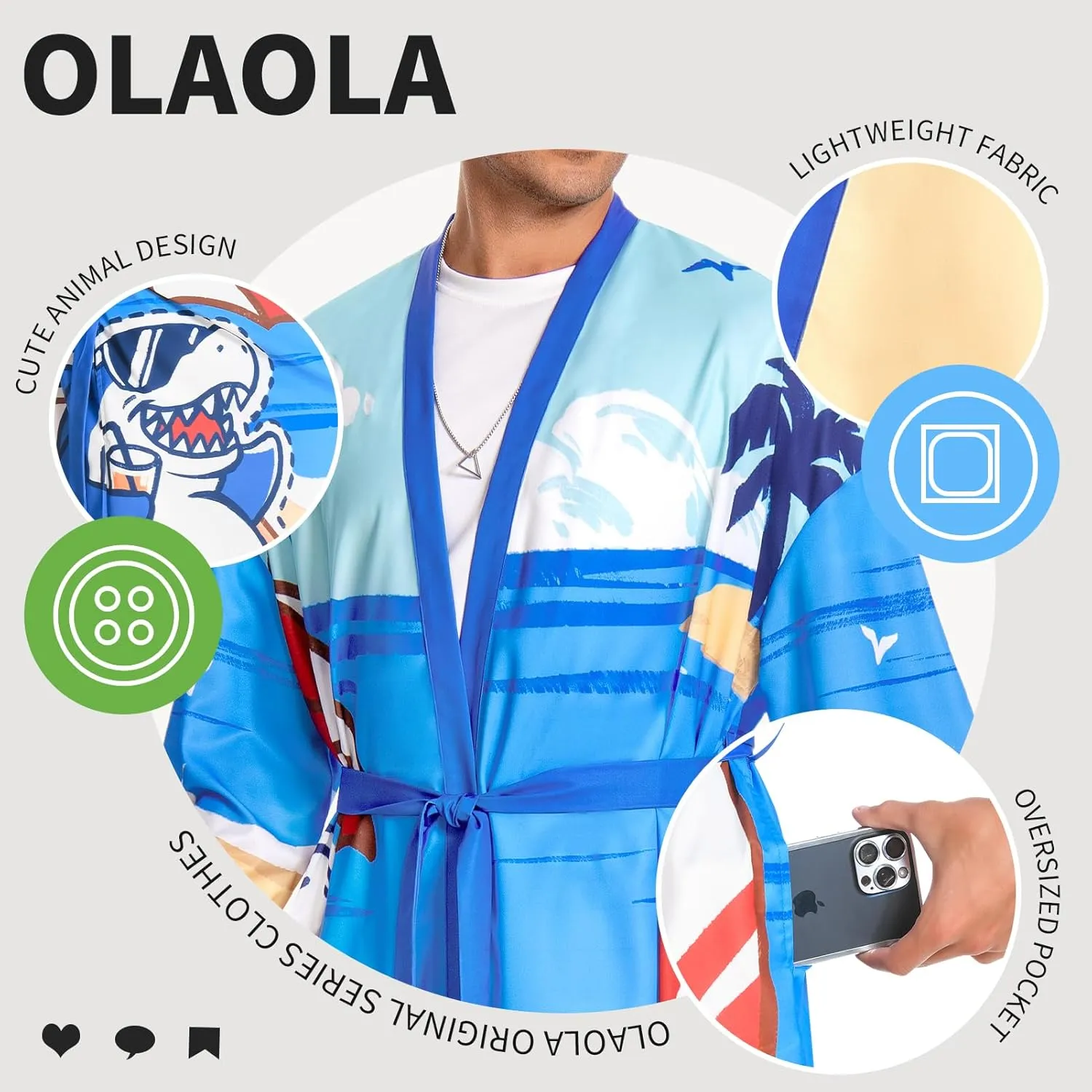 OLAOLA Men Lightweight Kimono Robe with Belt Japanese Style Robe Jacket Casual Open Front Long Cardigan Cape Coat Outwear