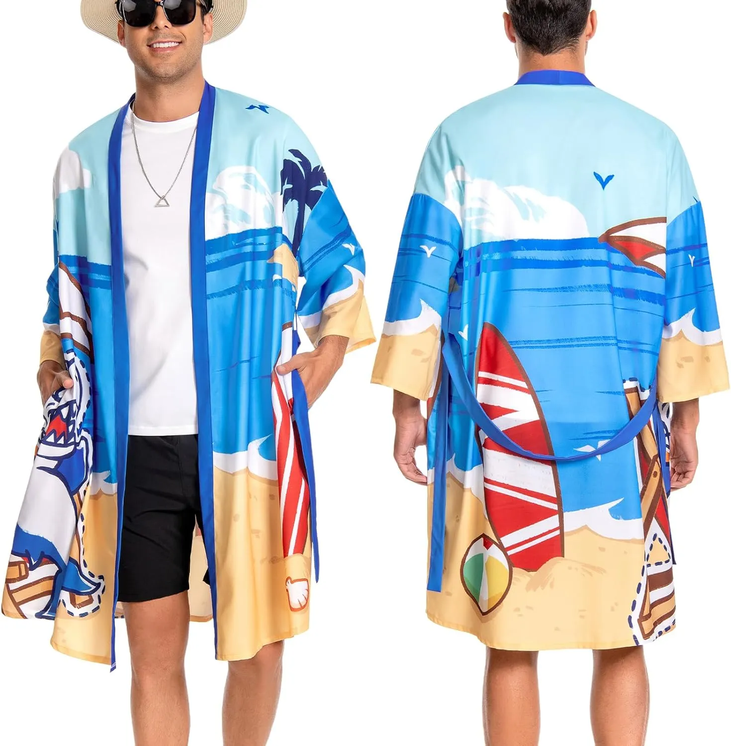 OLAOLA Men Lightweight Kimono Robe with Belt Japanese Style Robe Jacket Casual Open Front Long Cardigan Cape Coat Outwear