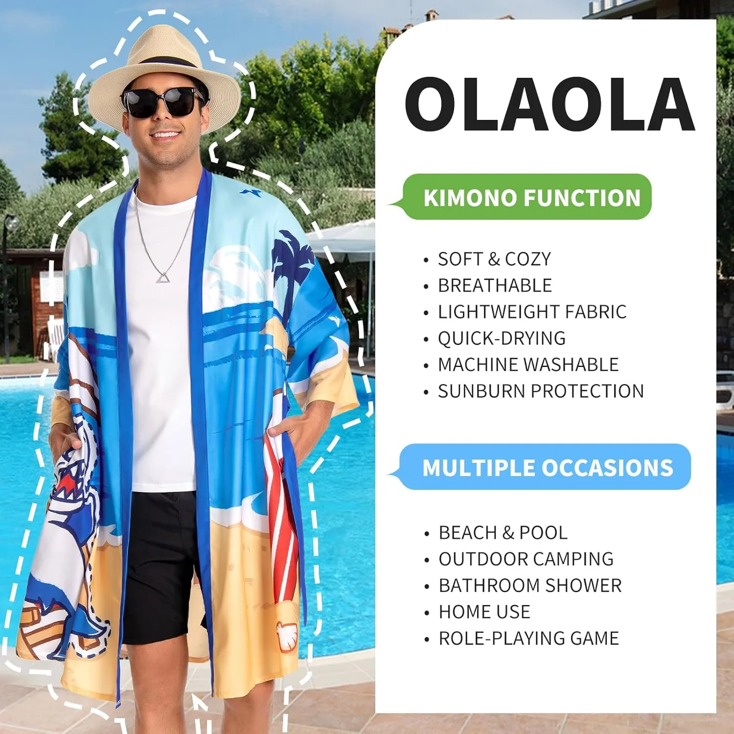 OLAOLA Men Lightweight Kimono Robe with Belt Japanese Style Robe Jacket Casual Open Front Long Cardigan Cape Coat Outwear