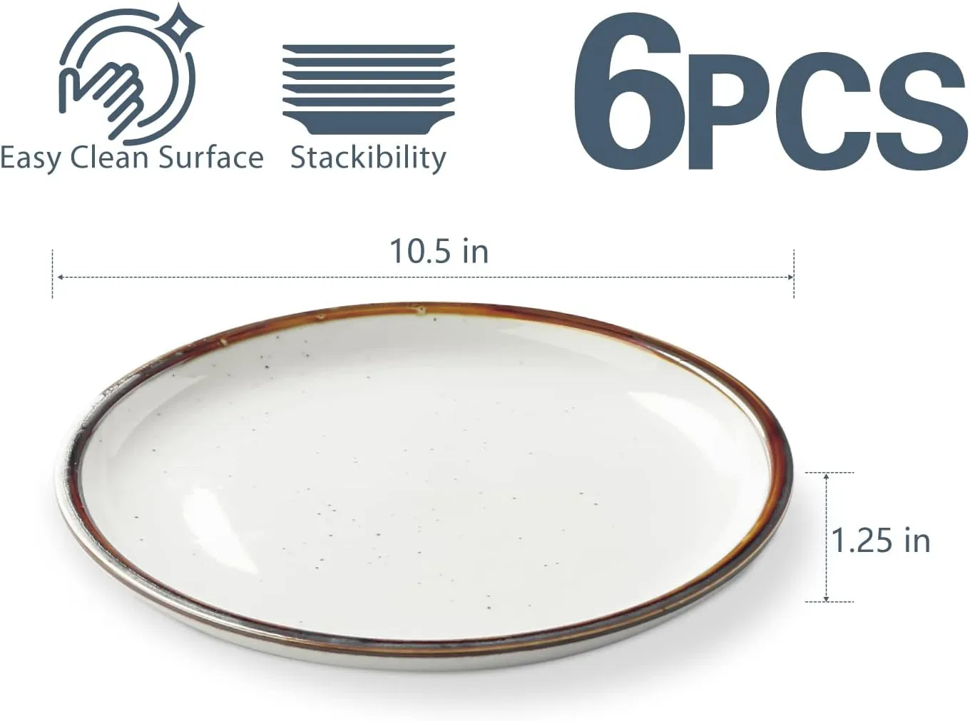 ONEMORE 10.5 Inch Ceramic Dinner Plate - Large Stoneware Dish Set of 6, Dessert Salad Plates, Microwave, Dishwasher and Oven Safe, Easy to Clean, Rustic and Speckled Style Dinnerware, Creamy White