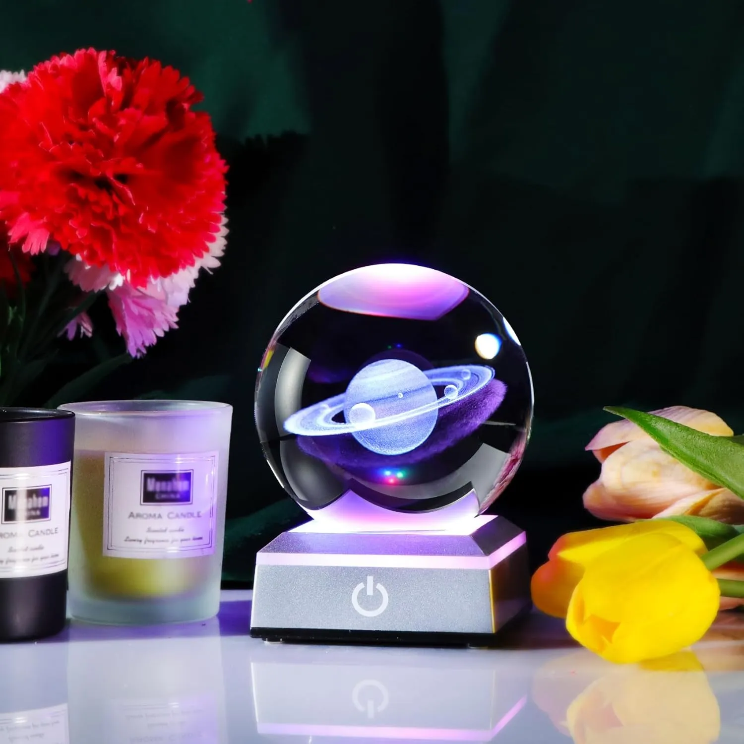 Ornalrist 3D Saturn Crystal Ball, Outer Space Planet Lamp with Silver LED Base, Glass Sphere Miniatures Saturn Lamp Astronomy Physics Science Gifts for Women, Men, Kid Home Decor (3.15 inch)