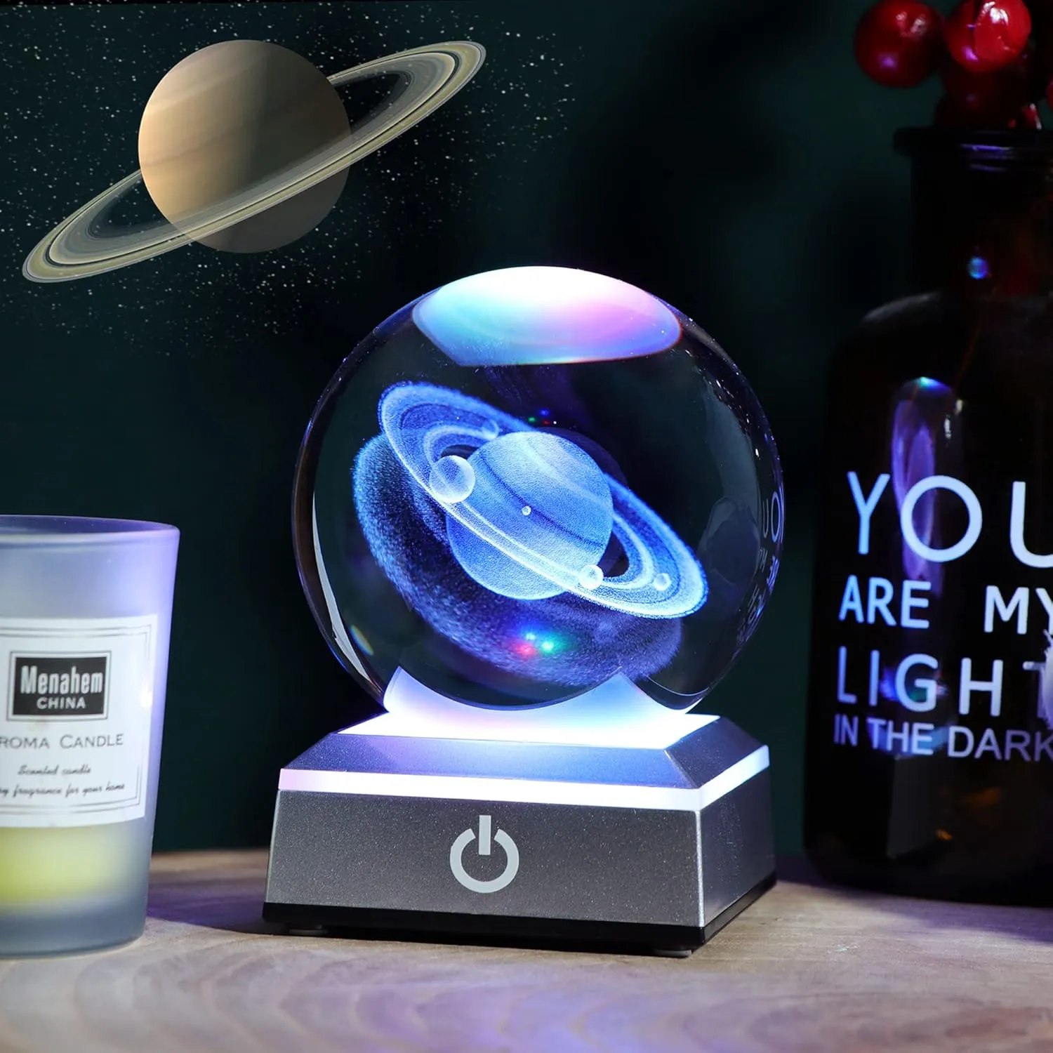 Ornalrist 3D Saturn Crystal Ball, Outer Space Planet Lamp with Silver LED Base, Glass Sphere Miniatures Saturn Lamp Astronomy Physics Science Gifts for Women, Men, Kid Home Decor (3.15 inch)
