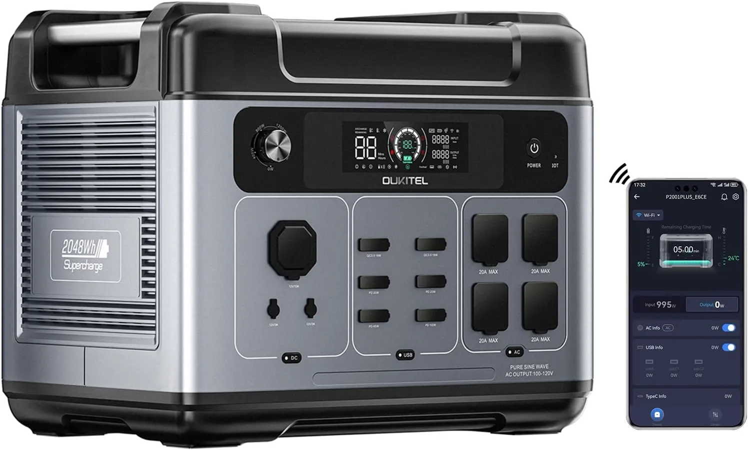 OUKITEL P2001 Plus 2400W Solar Generator, 2048Wh Solar power station(Solar Panel Optional), 1800W Fast Charging, Smart APP Control Emergency Power Station for Home, Camping, Outdoor Battery Backup