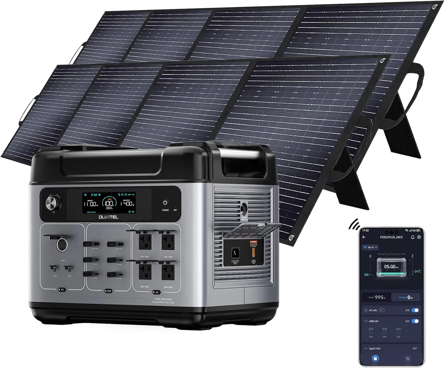 OUKITEL P2001 Plus 2400W Solar Generator with 2x200W Solars Panels, 2048Wh power station with 4 AC Outlets (5000W Peak), 1.5H Full Charging, APP Control Battery Backup for Home, Camping & RVs