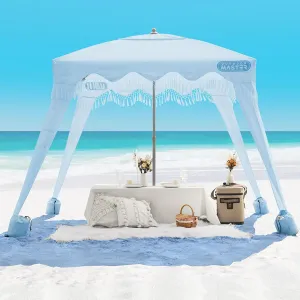 OutdoorMaster Beach Cabana with Fringes, Portable 6' x 6' Beach Canopy for Sand, Easy Set Up Sun Shelter, Included Side Wall, UPF 50  UV Protection Sun Umbrella - for Family & Friends -Wave Point