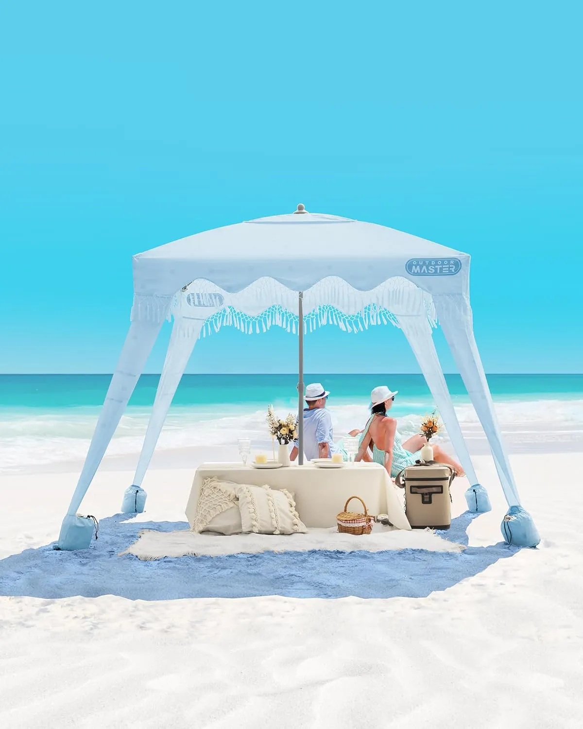OutdoorMaster Beach Cabana with Fringes, Portable 6' x 6' Beach Canopy for Sand, Easy Set Up Sun Shelter, Included Side Wall, UPF 50  UV Protection Sun Umbrella - for Family & Friends -Wave Point