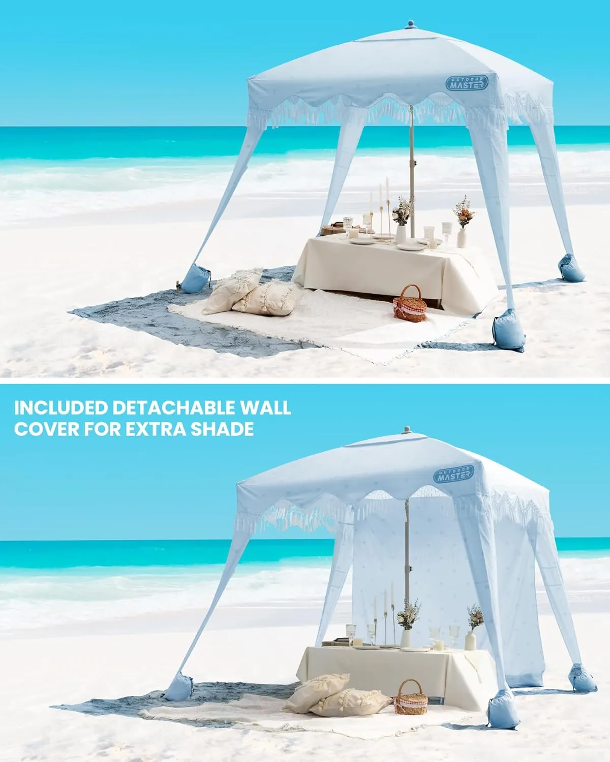 OutdoorMaster Beach Cabana with Fringes, Portable 6' x 6' Beach Canopy for Sand, Easy Set Up Sun Shelter, Included Side Wall, UPF 50  UV Protection Sun Umbrella - for Family & Friends -Wave Point