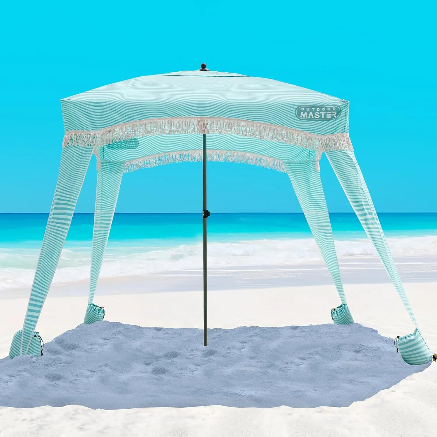 OutdoorMaster Portable Beach Cabana with Fringe, 6' x 6' Canopy, Easy Set Up Beach Shelter, Side Wall, UPF 50  UV Protection Sun Umbrella - For Kids, Family & Friends