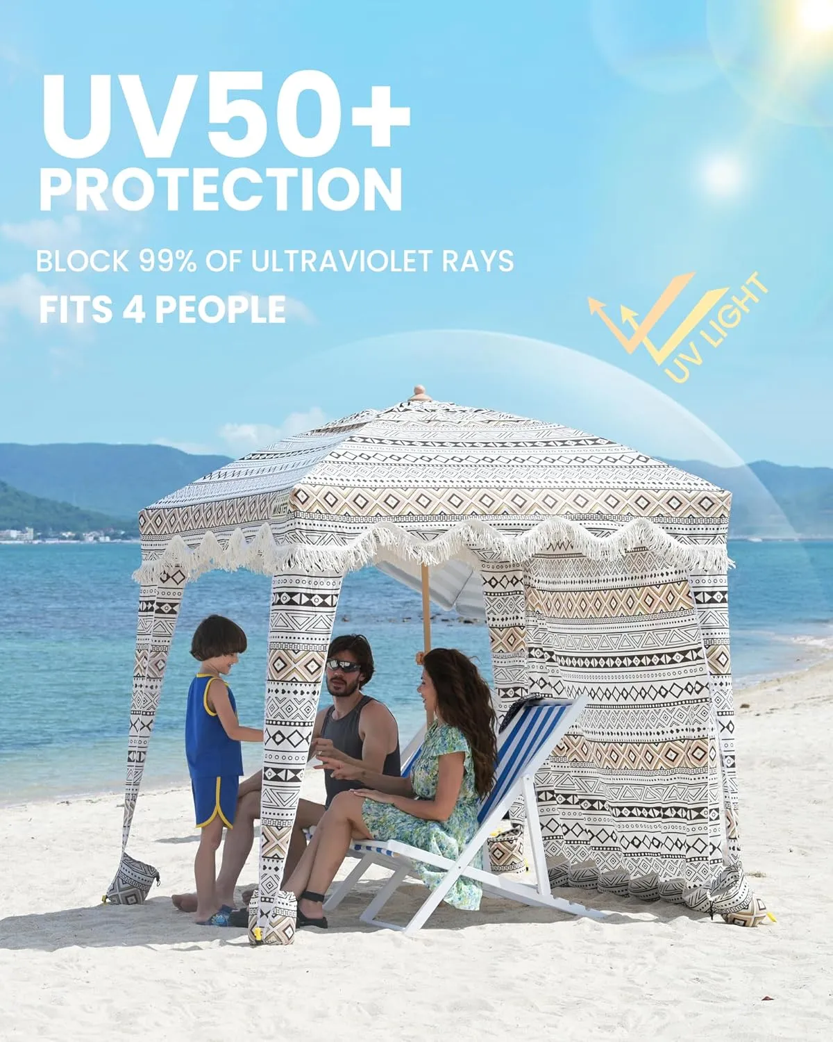OutdoorMaster Portable Beach Cabana with Fringe, 6' x 6' Canopy, Easy Set Up Beach Shelter, Side Wall, UPF 50  UV Protection Sun Umbrella - For Kids, Family & Friends