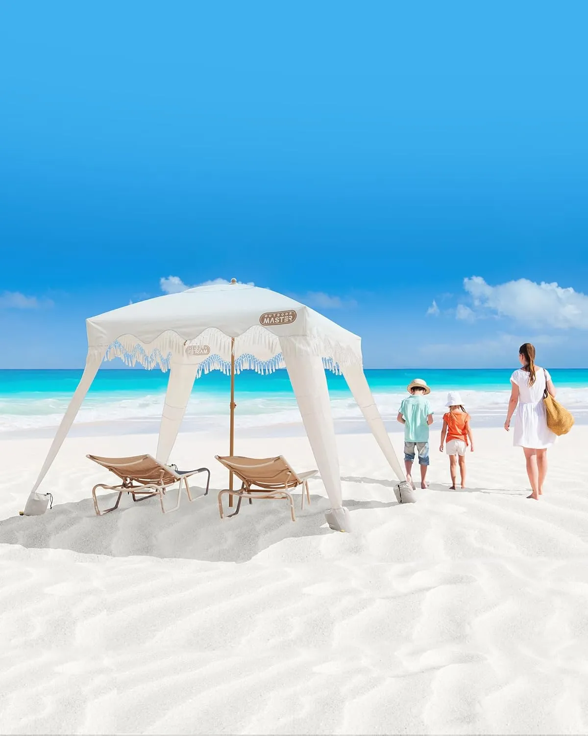 OutdoorMaster Portable Beach Cabana with Fringe, 6' x 6' Canopy, Easy Set Up Beach Shelter, Side Wall, UPF 50  UV Protection Sun Umbrella - For Kids, Family & Friends